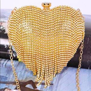 Gold Fringe Rhinestone Heart Clutch Handbag Gold Chain Strap